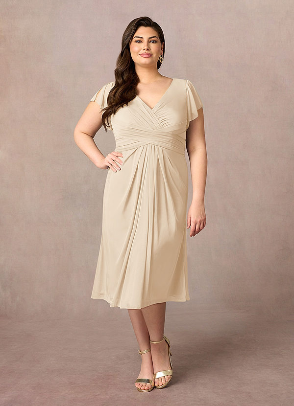 Azazie Vera Mother of the Brides Dresses Champagne A-Line V-Neck Pleated Mesh Dress image1