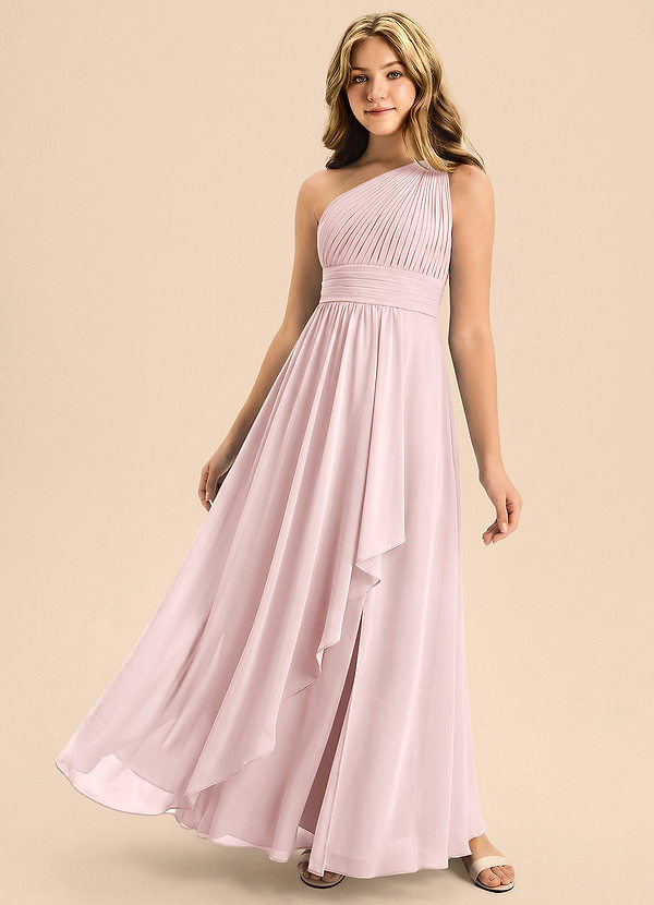 Azazie Skye Junior Vestido Rosa Rubor de Gasa de Corte en A con Plisado image1