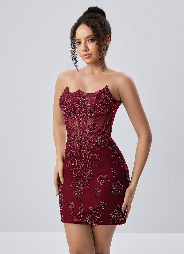 Yafrein Burgundy Rhinestone Sequins Tulle Placement Print Corset Mini Dress image1