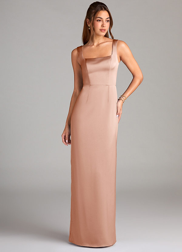 Azazie Flori Bridesmaid Dresses Rose Gold Sheath Side Slit Stretch Satin Dress image1