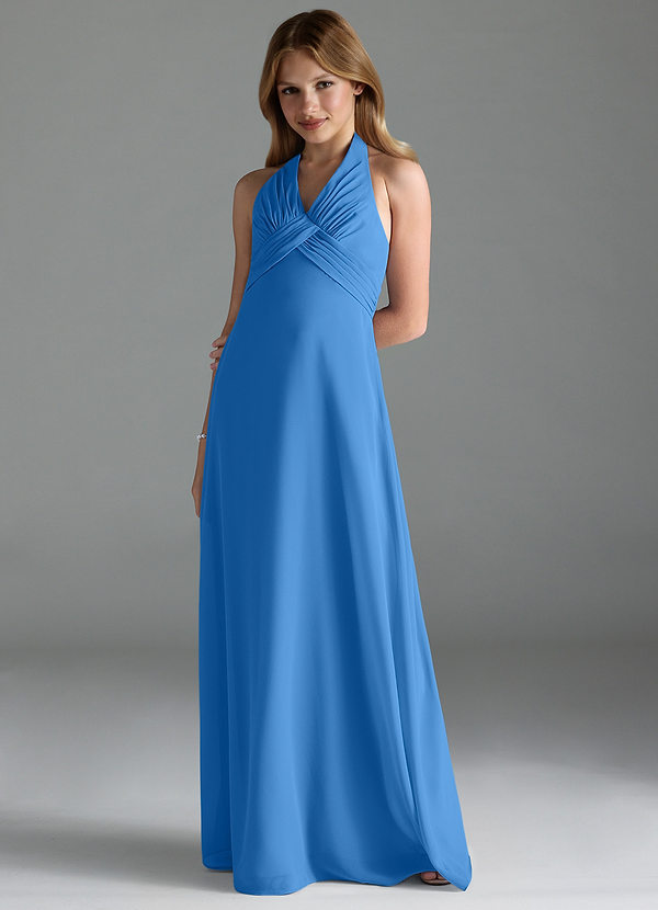 Azazie Tessie Junior Robe Trapèze en Mousseline de soie Plissée Geai Bleu image1