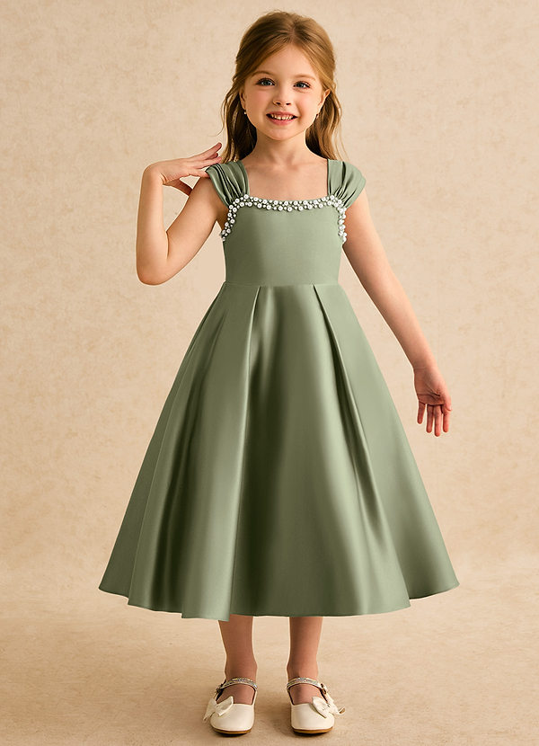 Azazie Yosemite Flower Girl Dresses Pistachio Ball-Gown Sweetheart Neckline Matte Satin Dress image1