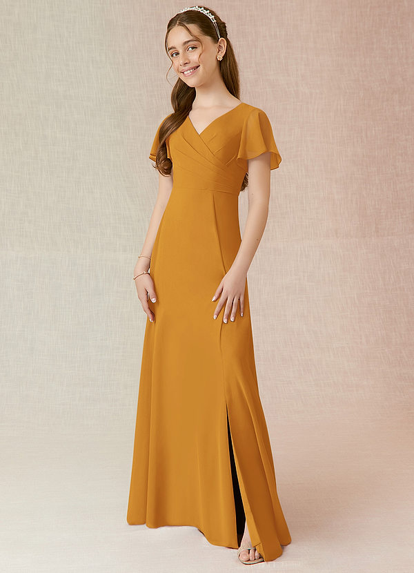 Azazie Induh Junior Butterscotch A-Line Ruched Chiffon Dress image1