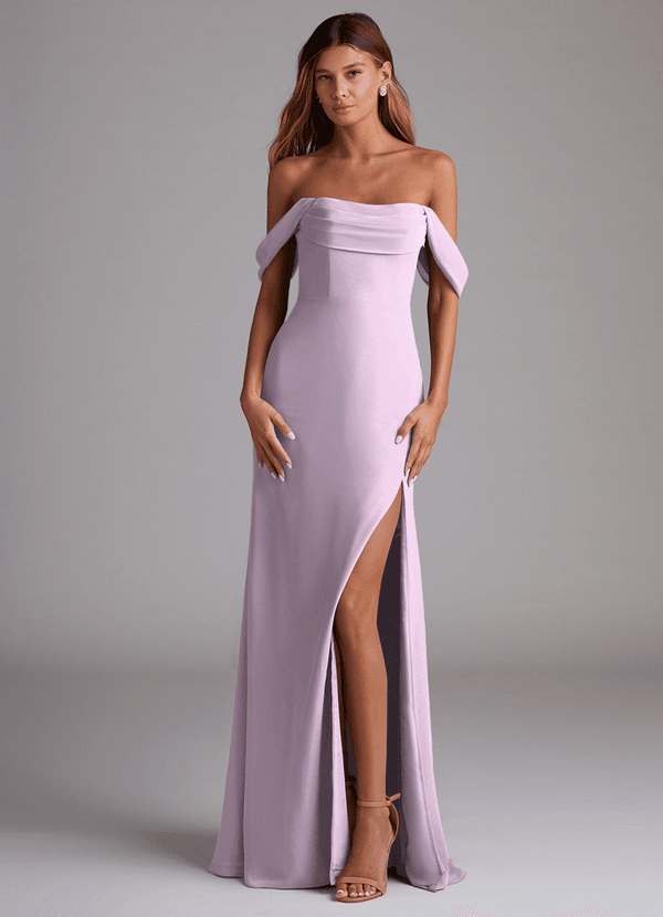 Azazie Saige Robes Demoiselle d'honneur Robe Trapèze Convertible en Mousseline de soie Épaule décolletée Frostiges Flieder image1