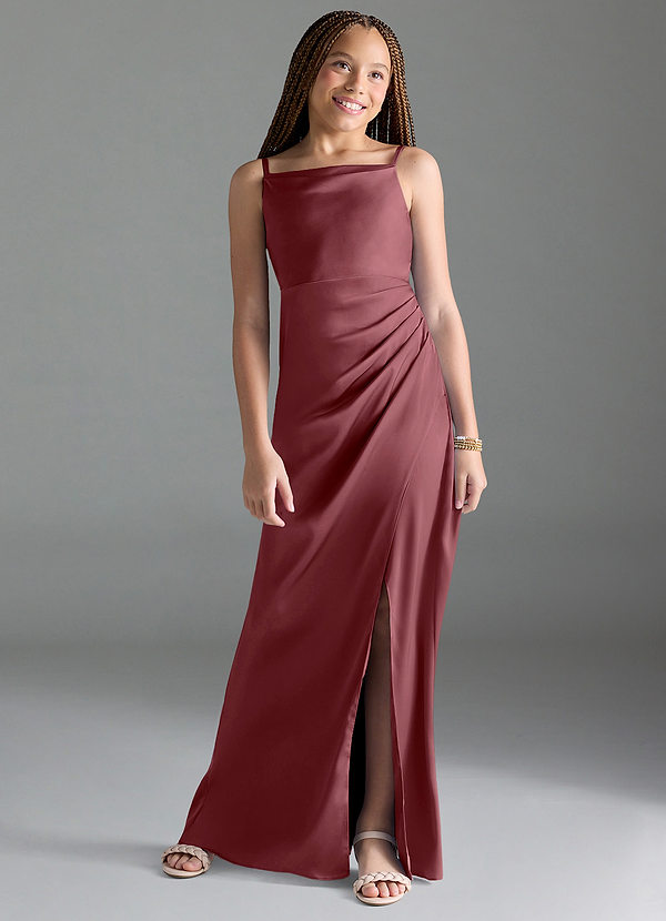 Azazie Leonis Junior Robe Trapèze en Satin extensible Plissée Rose Du Désert image1