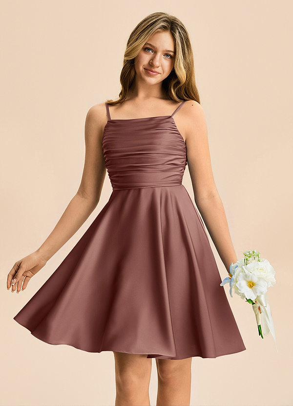 Azazie Miko Junior Klä av A-Line i Stretch Satin Plisserad image1