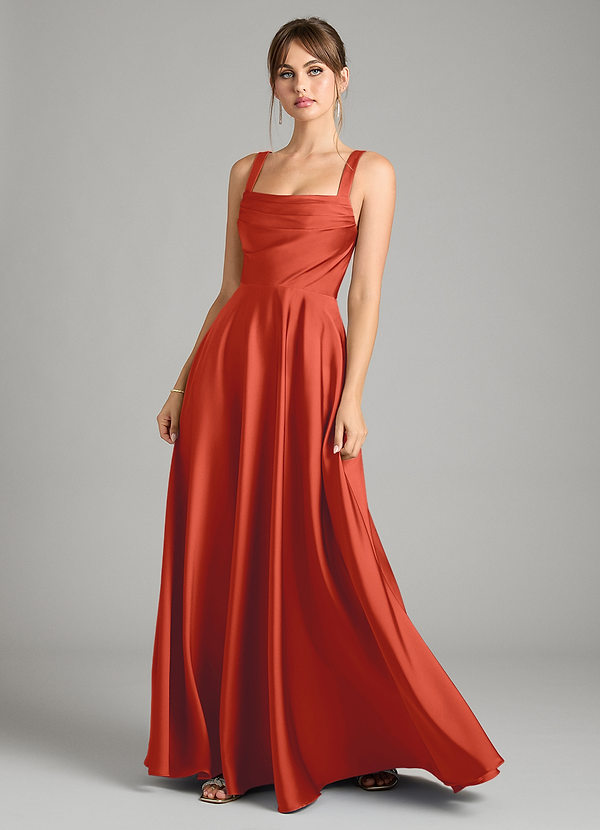 Azazie Shaude Bridesmaid Dresses Rust A-Line Pleated Stretch Satin Dress image1