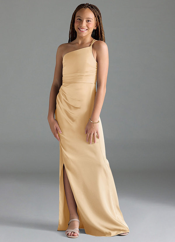 Azazie Eren Junior Gold Sheath Pleated Stretch Satin Dress image1