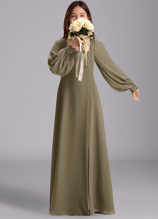 Azazie Bondi Junior Vestido de Verde Sauce de Gasa de Corte en A con Blusón image1