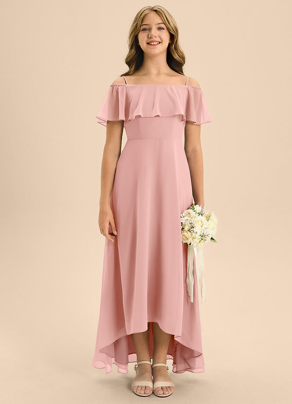 Azazie Maggie Junior A-Linie Schulterfrei Chiffon Kleid Rosettenrosa image1