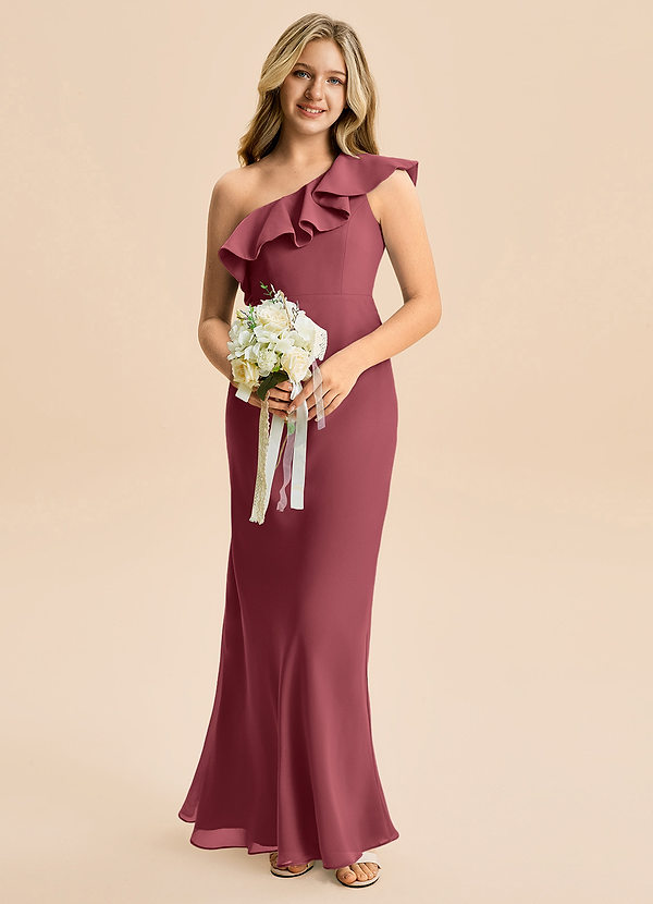 Azazie Alissa Junior Vestido de Merlot de Gasa de Corte Sirena con Volante image1