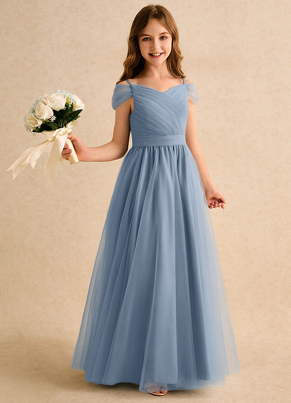 Azazie Yuna Girls Formal Abiti da Ragazza di Fiori Abito A-Line in Tulle a Spalla Scoperta Blu Polveroso image1