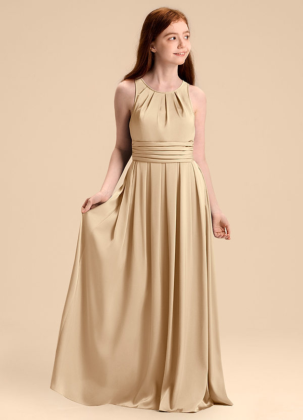 Azazie Bibiane Junior Jurk van Stretch Satijn met A-Lijn Geplooid Champagne image1