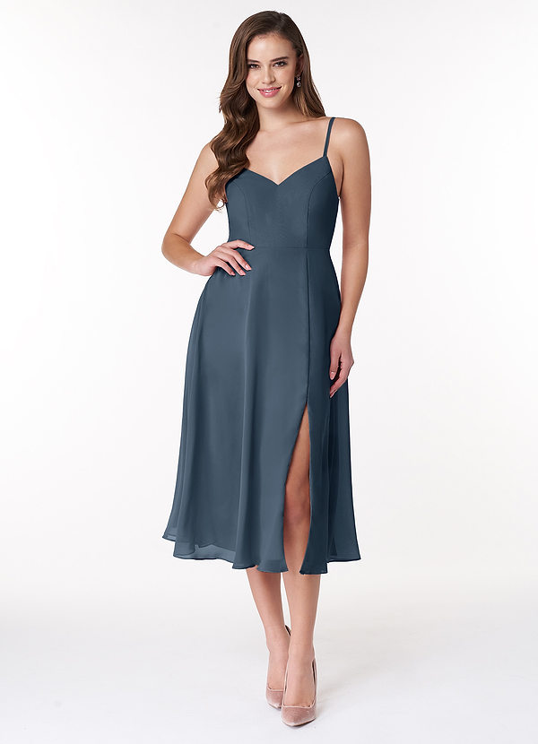 Azazie Clarissa Brautjungfernkleider A-Linie V-Hals Chiffon Kleid Neptunblau image1
