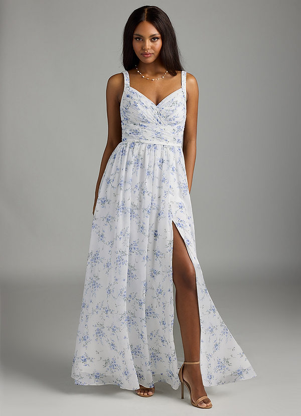 Azazie Chanel Bridesmaid Dresses Blue Cottage Floral A-Line Pleated Chiffon Dress image1
