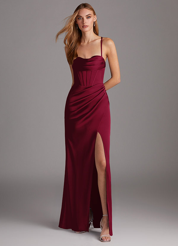 Azazie Brookelle Bridesmaid Dresses Burgundy Sheath Sweetheart Corset Stretch Satin Dress image1