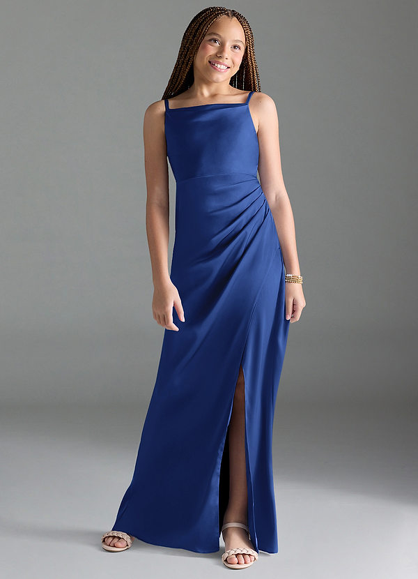 Azazie Leonis Junior Royal Blue A-Line Pleated Stretch Satin Dress image1