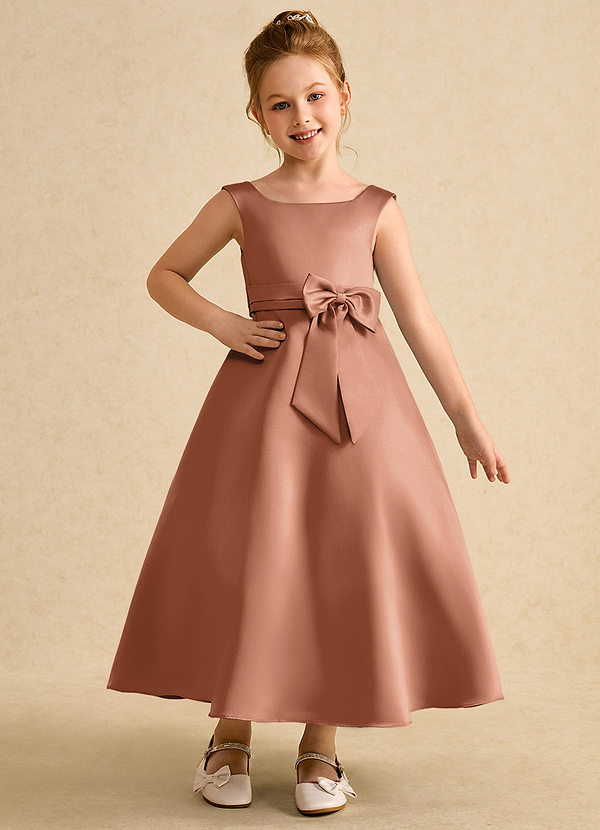 Azazie Eve Abiti da Ragazza di Fiori Abito A-Line in Raso Opaco Plissettato Bronzo image1