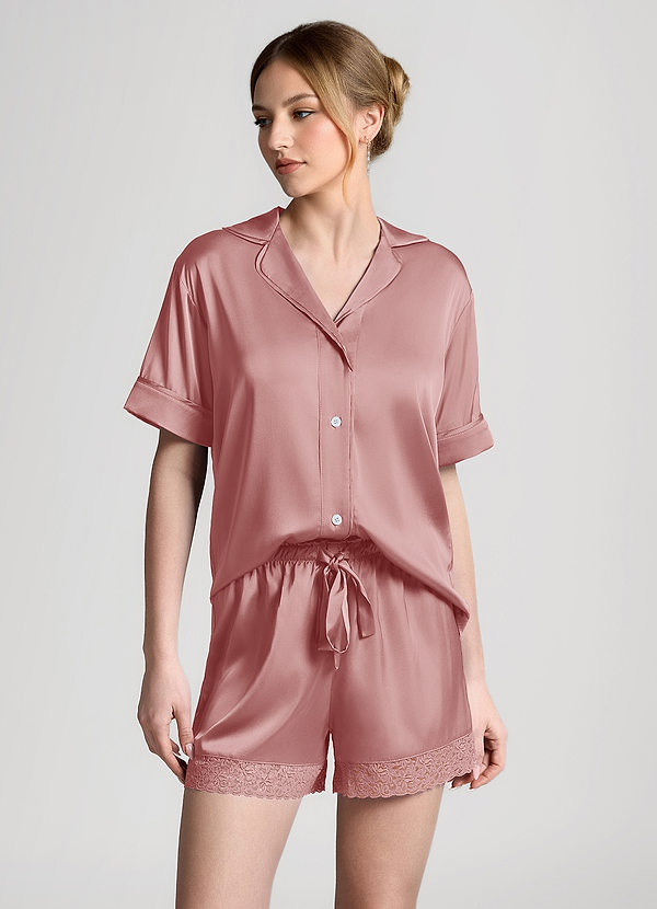 front Dusty Rose Satin Lace Trim Short Sleeve Pajama Set