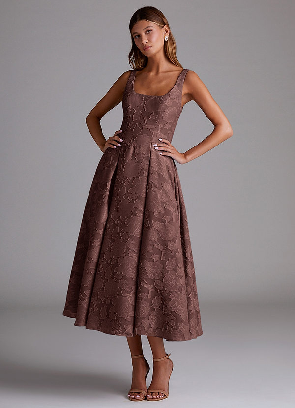 Azazie Amalie Bridesmaid Dresses Espresso A-Line Pleated Floral Burnout Dress image1