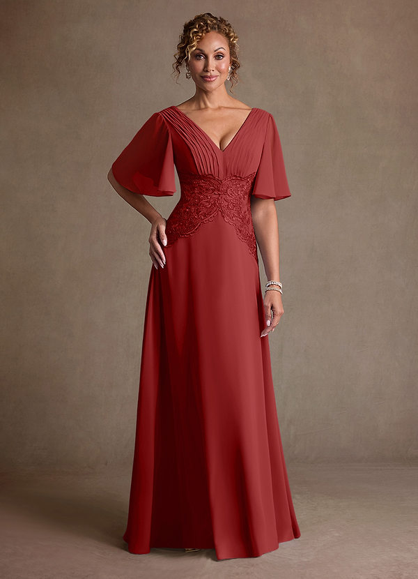 Azazie Milliat Robe Mère de la Mariée & du Marié Robe Trapèze en Mousseline de soie Dentelle Rouille image1