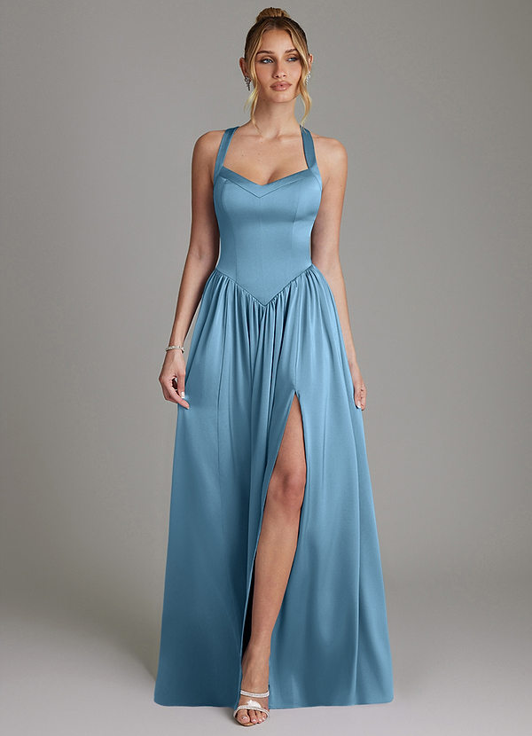 Azazie Francis Vestidos de dama de honor Vestido de Azul Acero de Satén Elástico de Línea A con Corsé image1