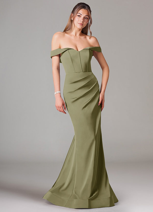 Azazie Everly Abiti da Damigella Abito Convertibile Sirena in Raso Elasticizzato a Spalla Scoperta Pistacchio image1