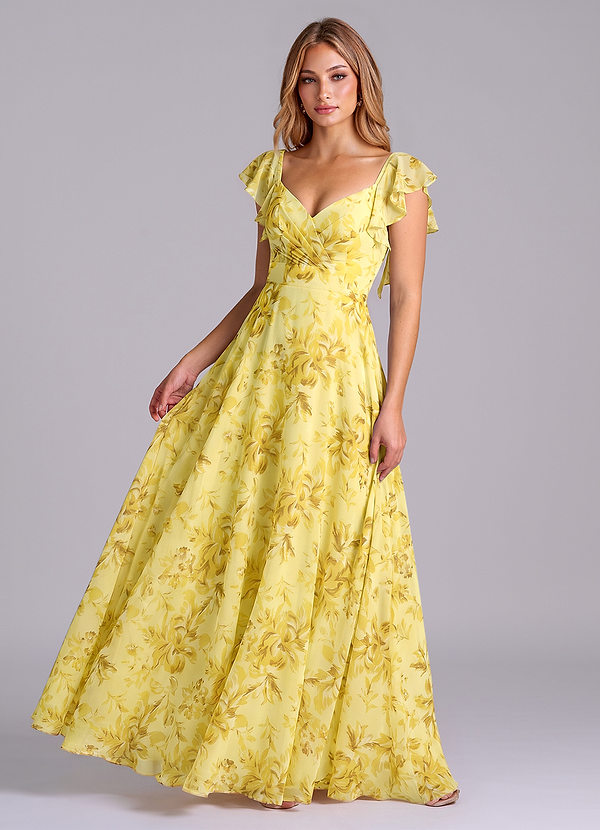 Azazie Leilani Bridesmaid Dresses Lemon Sorbet Blooms Floral A-Line Pleated Chiffon Dress image1