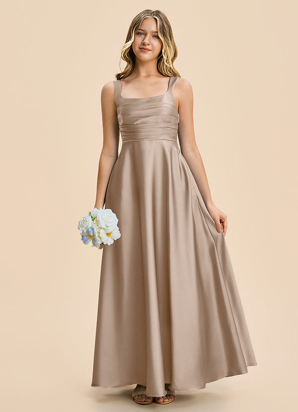 Azazie Azaria Junior A-Linie Plissee Stretch-Satin Kleid Taupe image1