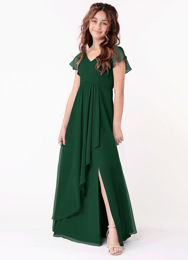 Azazie Omari Junior Dark Green A-Line Ruched Chiffon Dress image1