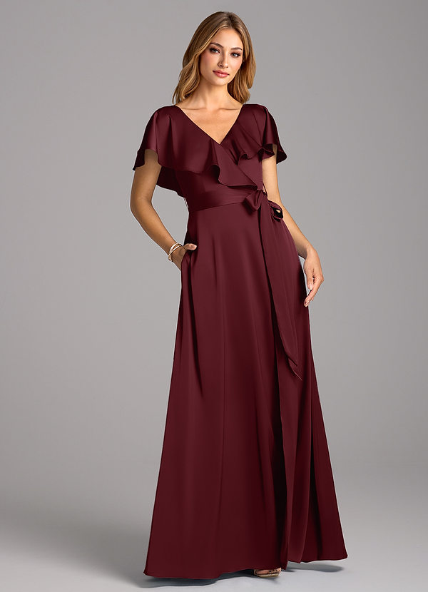Azazie Lainey Bridesmaid Dresses Cabernet A-Line with Pockets Stretch Satin Dress image1