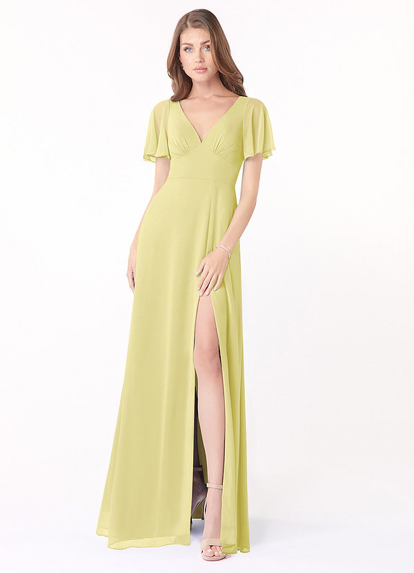 Azazie Kimber Bridesmaid Dresses Lemon Sorbet A-Line Flounce Sleeve Chiffon Dress image1