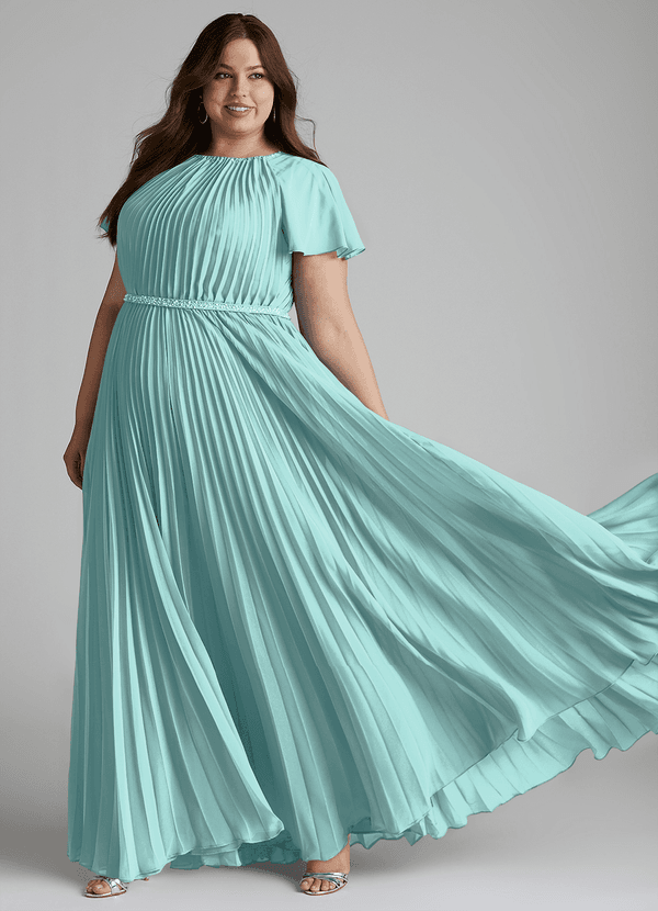 Azazie Kara Schlichte Brautjungfernkleider A-Linie Plissee Chiffon Bodenlänge Kleid image1