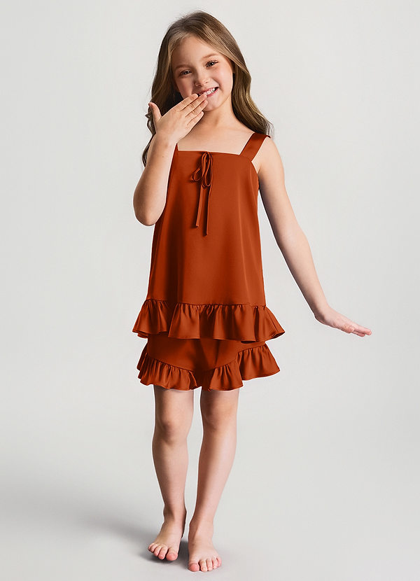 front Burnt Orange Girls Satin Ruffle Top and Shorts Pajama Set
