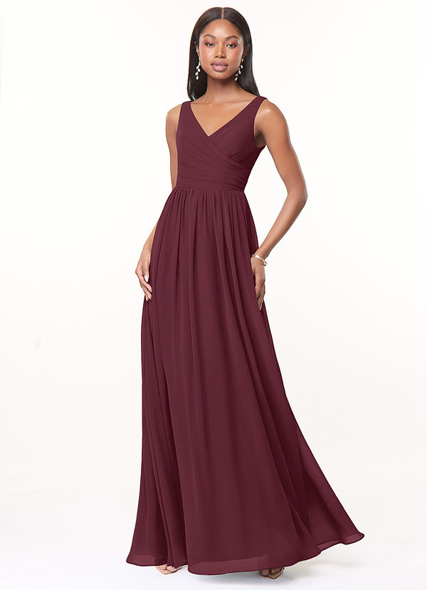 Azazie Keyla Bridesmaid Dresses Cabernet A-Line V-Neck Pleated Chiffon Dress image1