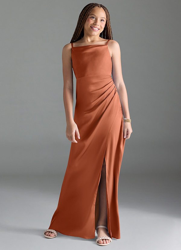 Azazie Leonis Junior Cedar Rose A-Line Pleated Stretch Satin Dress image1