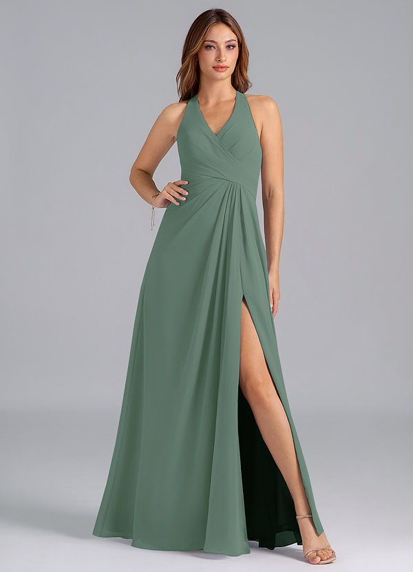 Azazie Dorota Bridesmaid Dresses Vestido Eucalipto de Chiffon de Linha A com Plissado image1