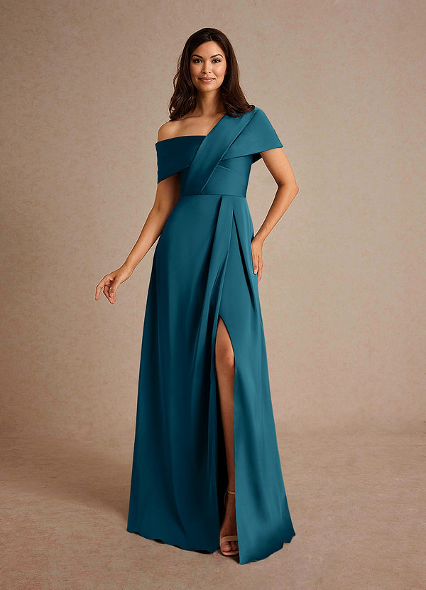 Azazie Milton Robe Mère de la Mariée & du Marié Robe Trapèze en Satin extensible Plissée Bleu Encre image1