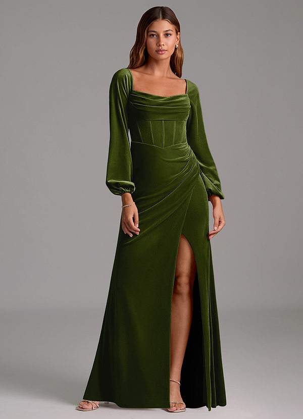 Azazie Charissa Bridesmaid Dresses Olive Sheath Long Sleeve Velvet Dress image1