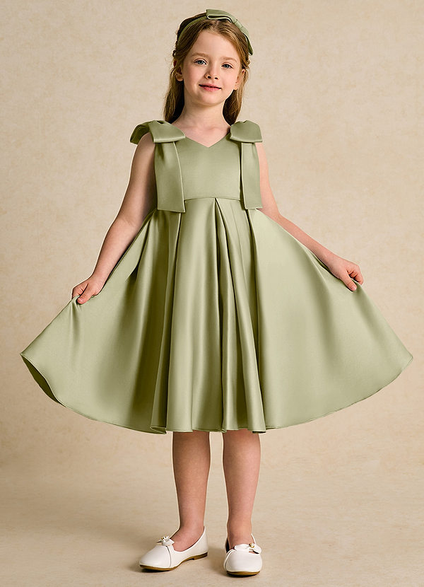 Azazie Guppie Flower Girl Dresses Moss Green Ball-Gown Pleated Matte Satin Dress image1
