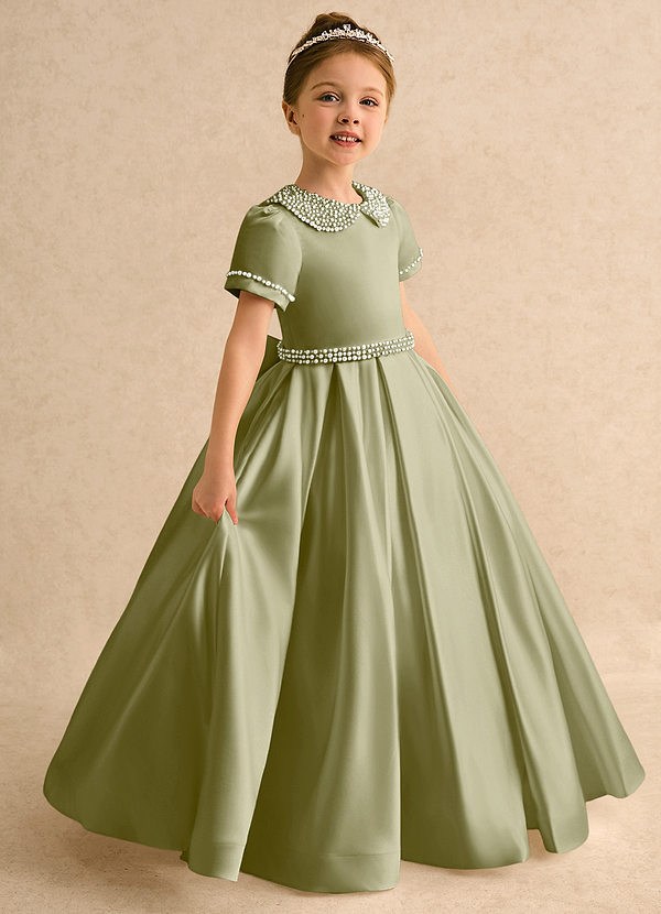 Azazie Gabriella Flower Girl Dresses Moss Green Ball-Gown with Sleeves Matte Satin Dress image1