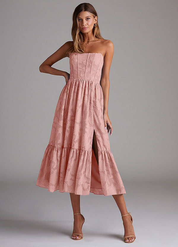 Azazie Delphina Bridesmaid Dresses Rosette A-Line Strapless Floral Burnout Convertible Dress image1