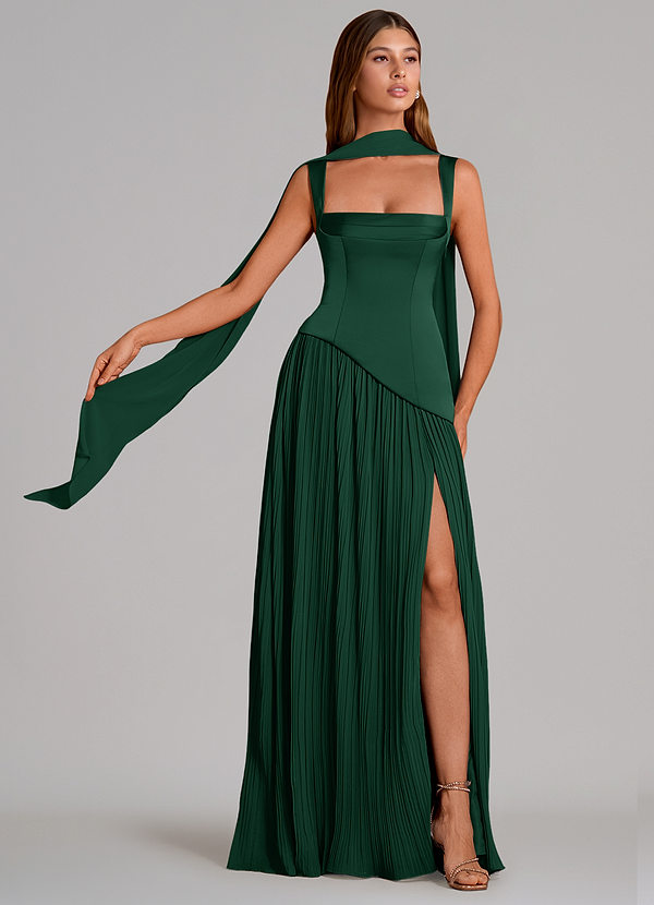 Azazie Stephanie Bridesmaid Dresses Dark Green A-Line Pleated Stretch Satin Dress image1