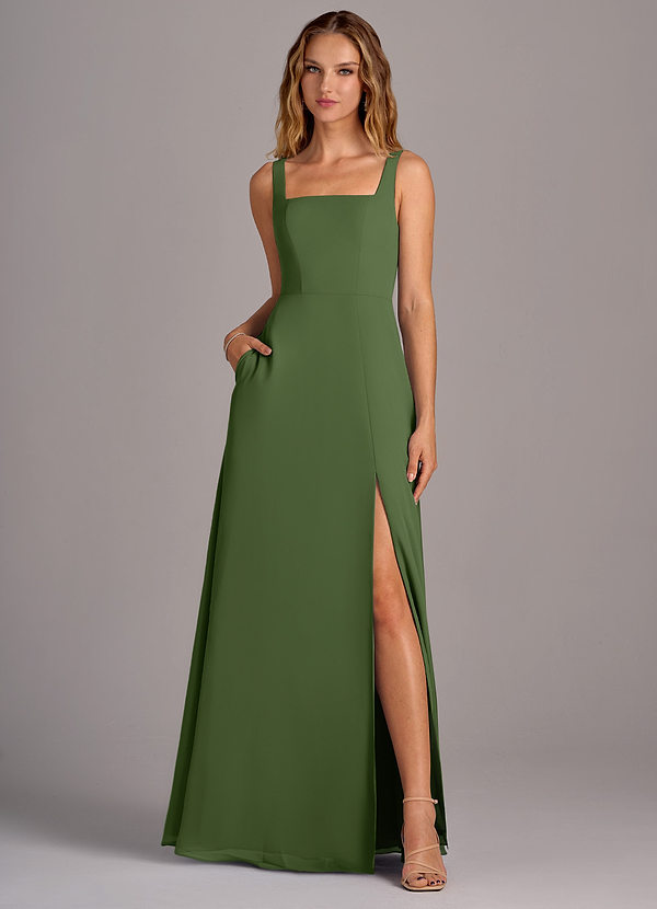 Azazie Debra Bridesmaid Dresses Olive A-Line with Pockets Chiffon Convertible Dress image1