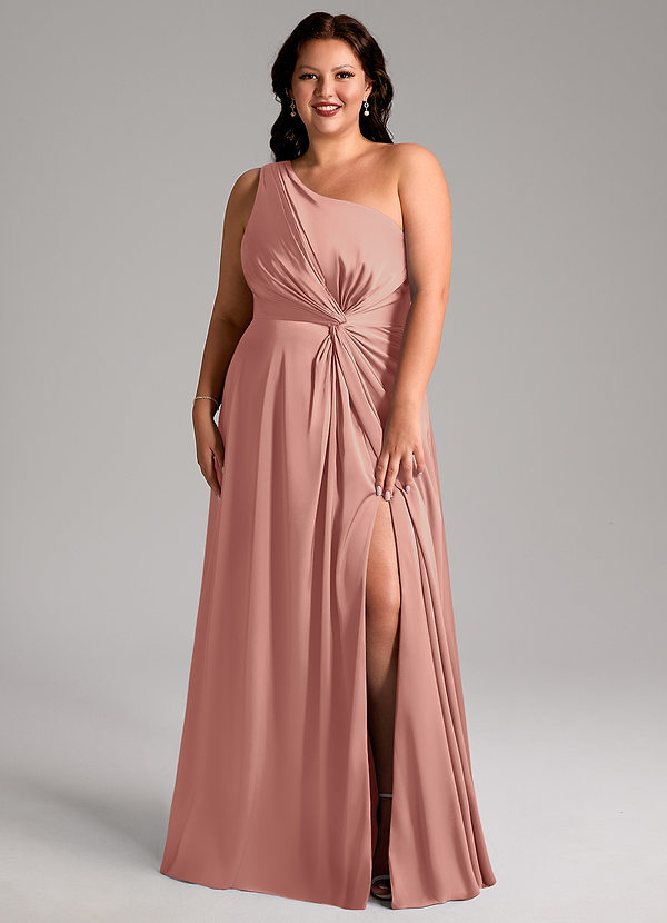 Azazie Brooke Robes Demoiselle d'honneur Robe Trapèze en Satin extensible Une épaule Rosette image1