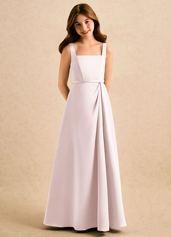 Azazie Emiko Girls Formal Flower Girl Dresses Blushing Pink A-Line Pleated Matte Satin Dress image1