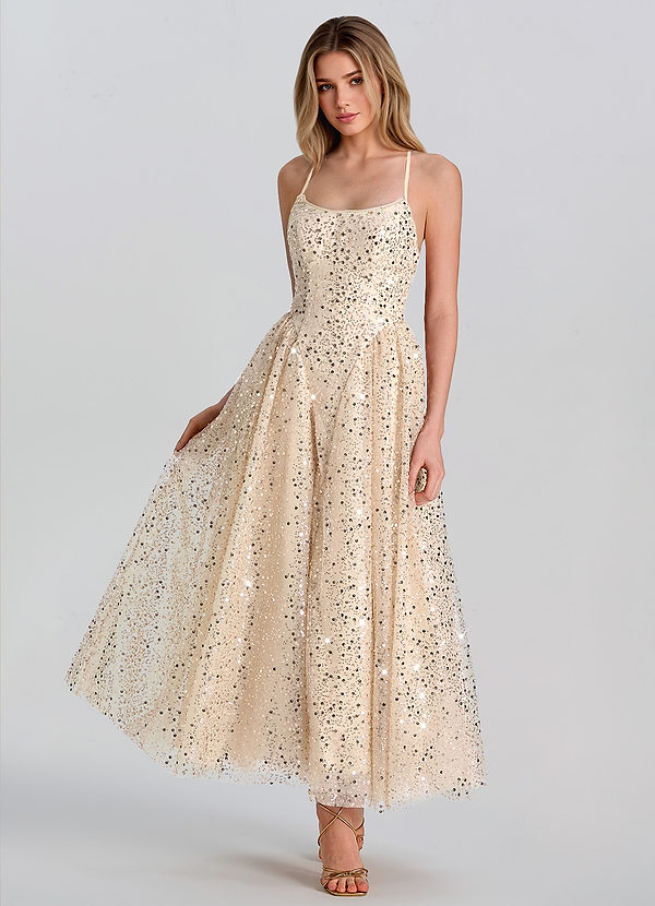 Sorelia Champagne Robe midi trapèze à sequins image1
