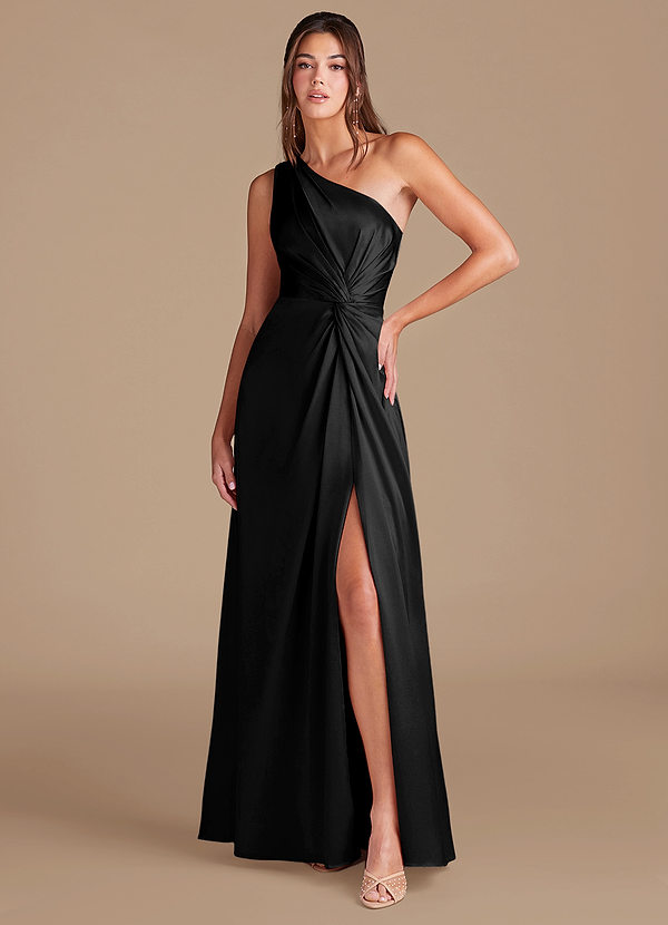 Azazie Brooke Bridesmaid Dresses Black A-Line One Shoulder Metallic Satin Dress image1