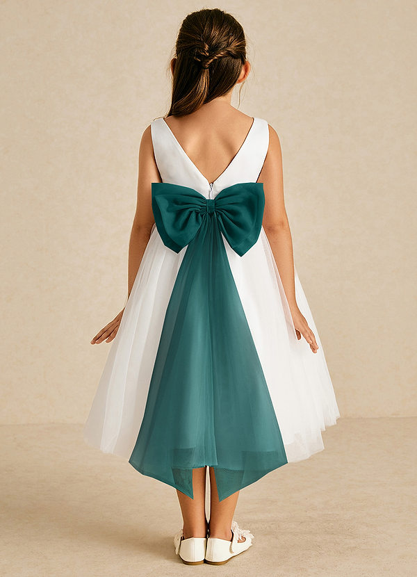Azazie Kavi Flower Girl Dresses Ivory Peacock A-Line Bow Matte Satin Dress image1