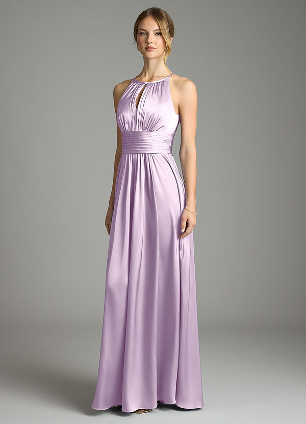 Azazie Bonnie Bridesmaid Dresses Frosted Lilac A-Line Pleated Stretch Satin Dress image1